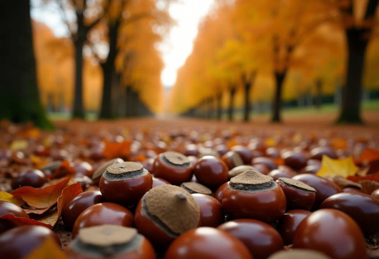 Castagne fresche su un tavolo autunnale