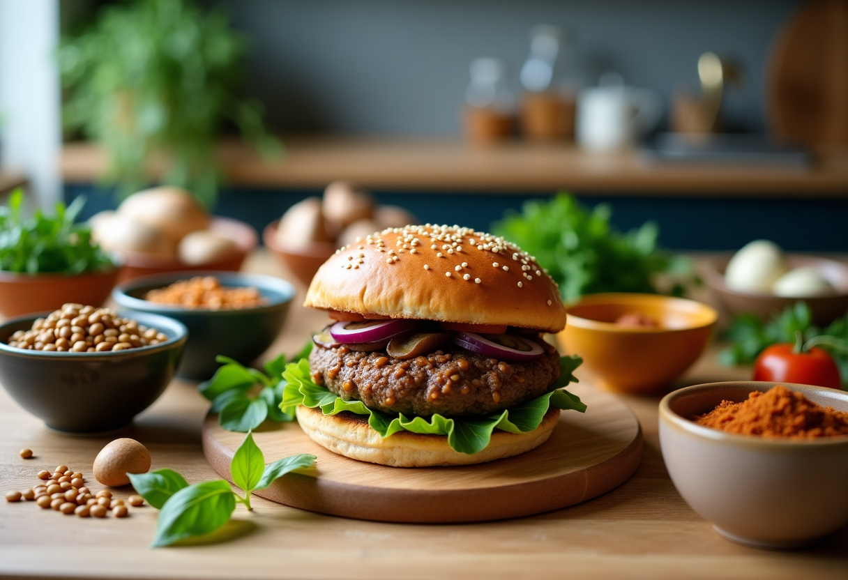 Delizioso burger di lenticchie e funghi su piatto