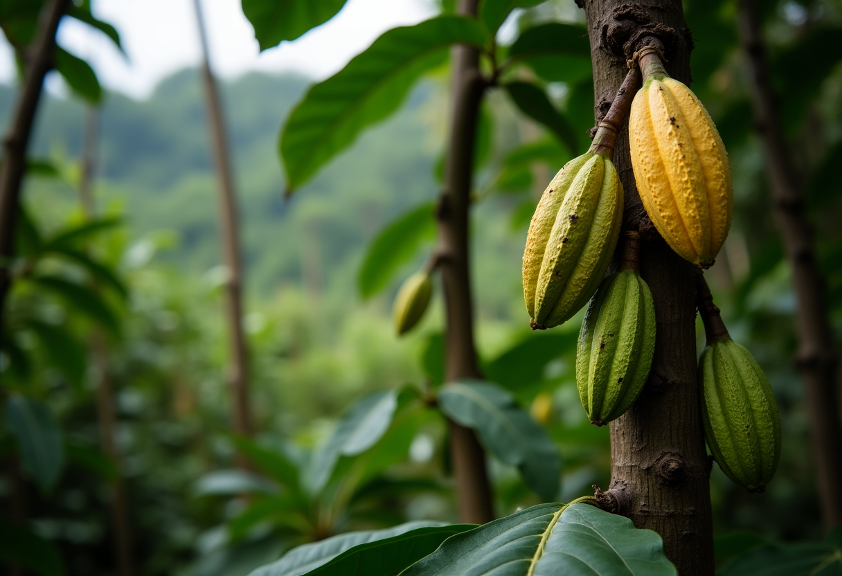 Semi di cacao crudo su sfondo naturale