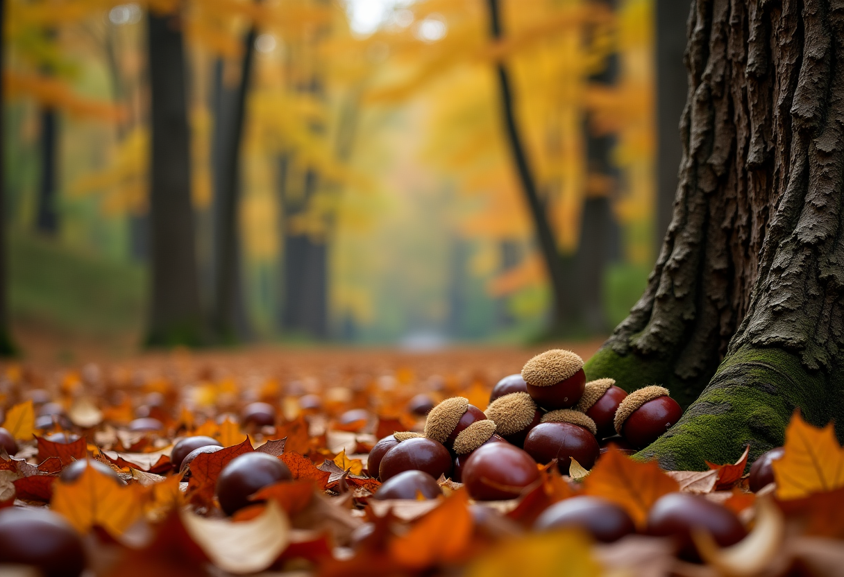 Castagne fresche su un tavolo autunnale