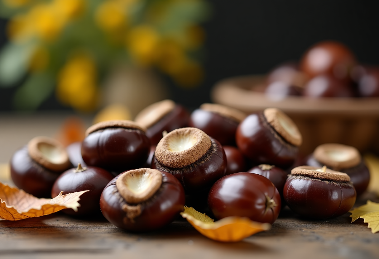 Castagne fresche su un tavolo di legno