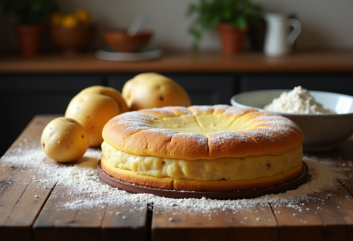 Gâteau di patate servito con contorni colorati