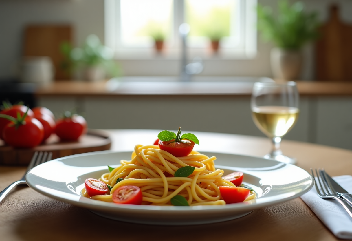 Pasta servita a cena con ingredienti freschi e salutari