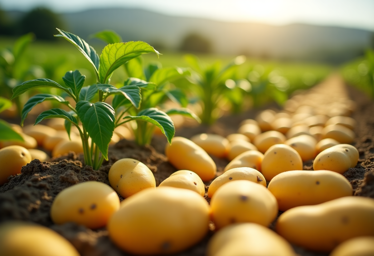 Patate italiane a pasta gialla in un campo agricolo