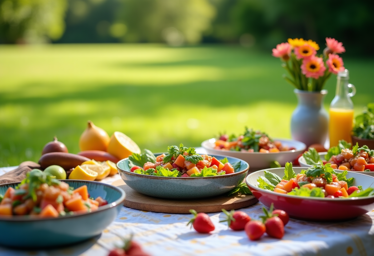 Piatto di ricette vegane estive fresche e colorate