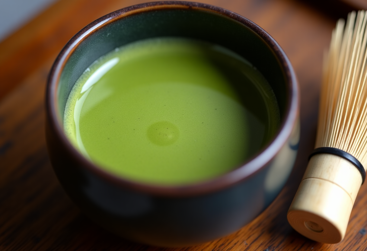 Tazza di tè matcha con polvere verde e fruste